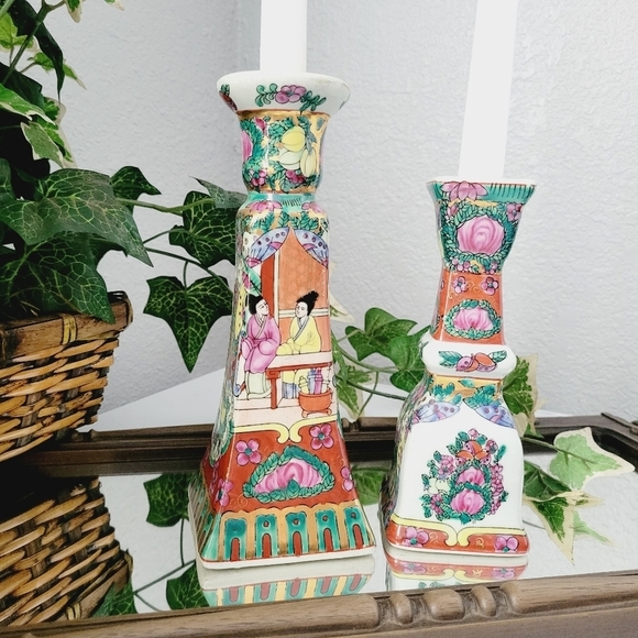 Vintage Yin Lin Art & Treasure of China set  2 candle holders.Asian/Multicolored - Picture 2 of 9